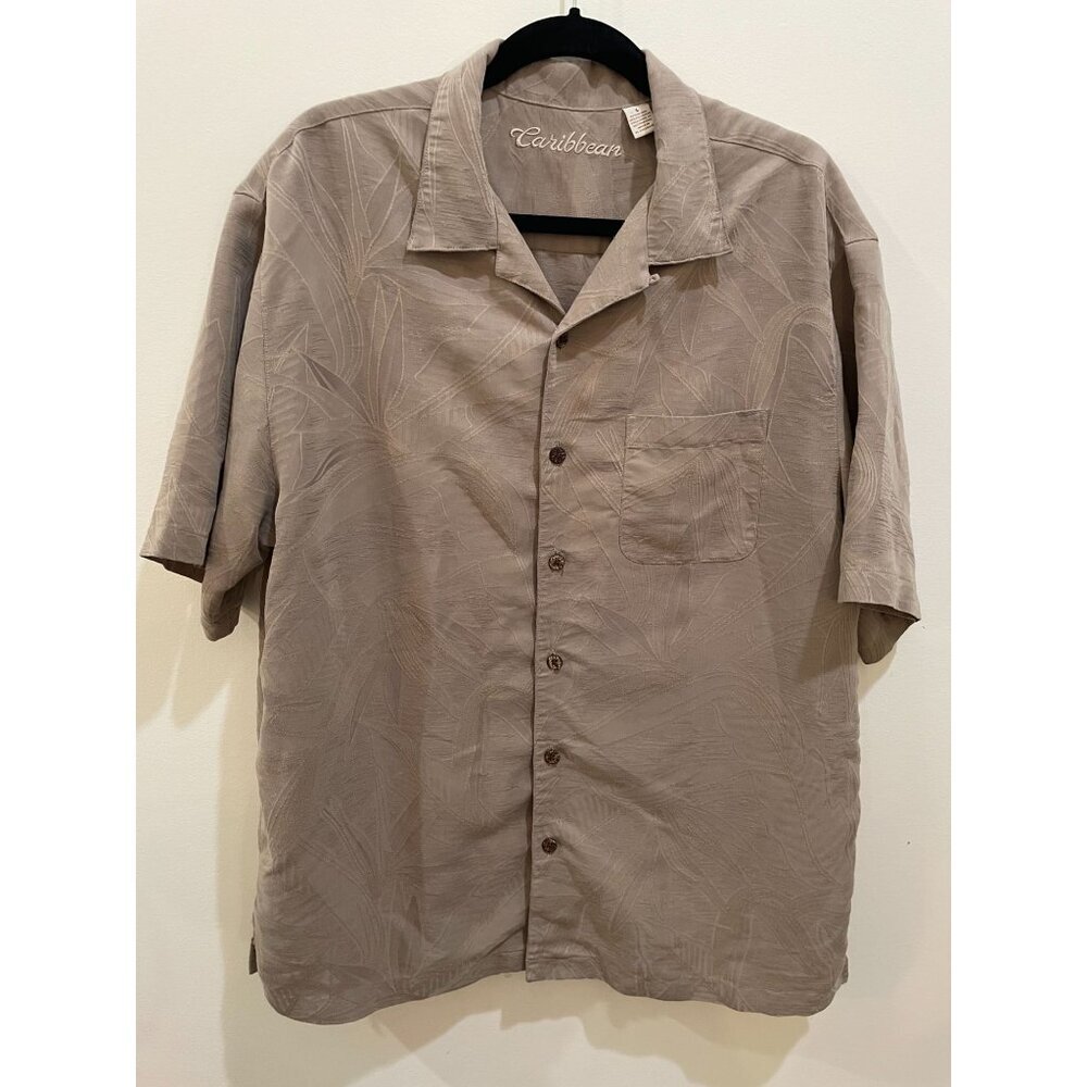 Caribbean Men's L Tan Leaf Print Button-Up Shirt Hawaiian